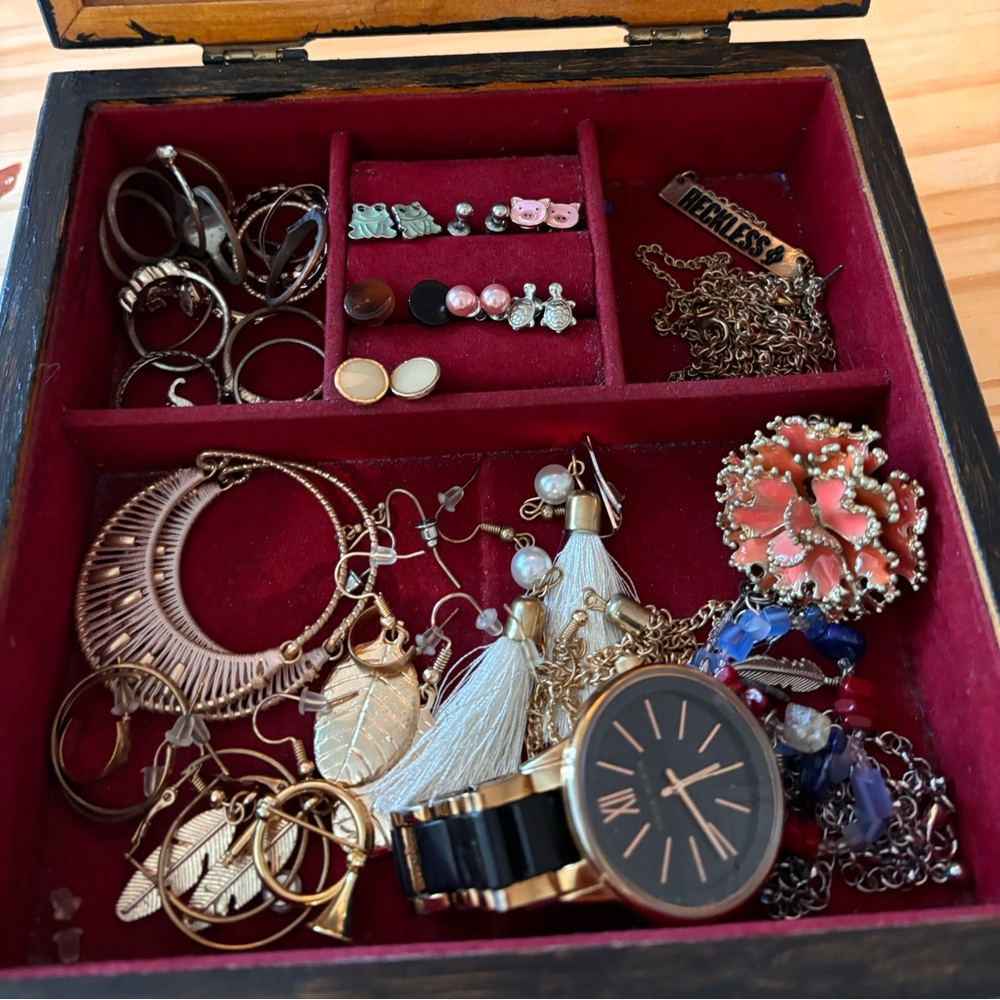 Wooden Jewelry Box with junk jewelry